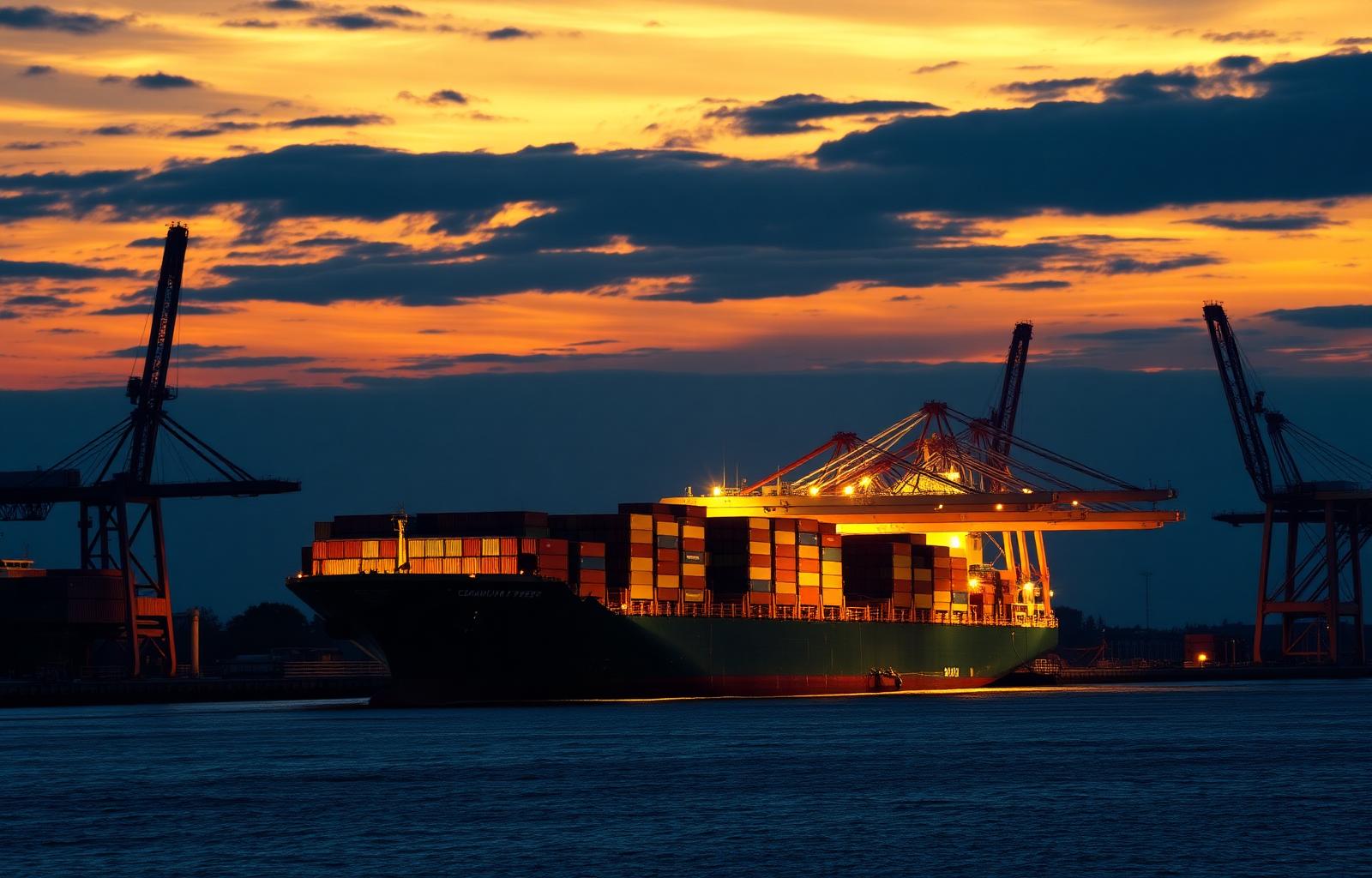 International container port at golden hour